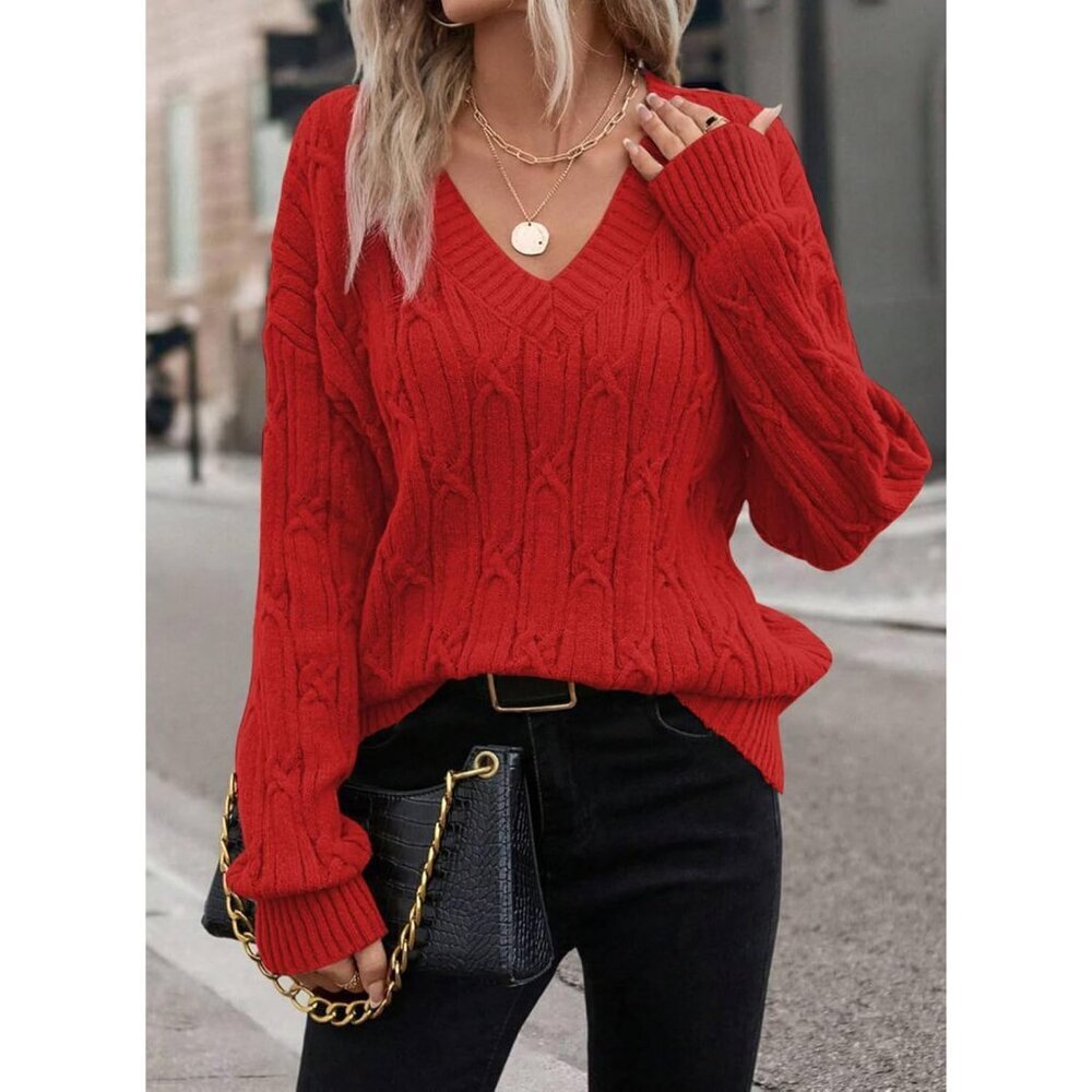 Women's Cable Knit Sweater V Neck Long Sleeve Casual Fall Outfit Lightweight - Picture 3 of 5
